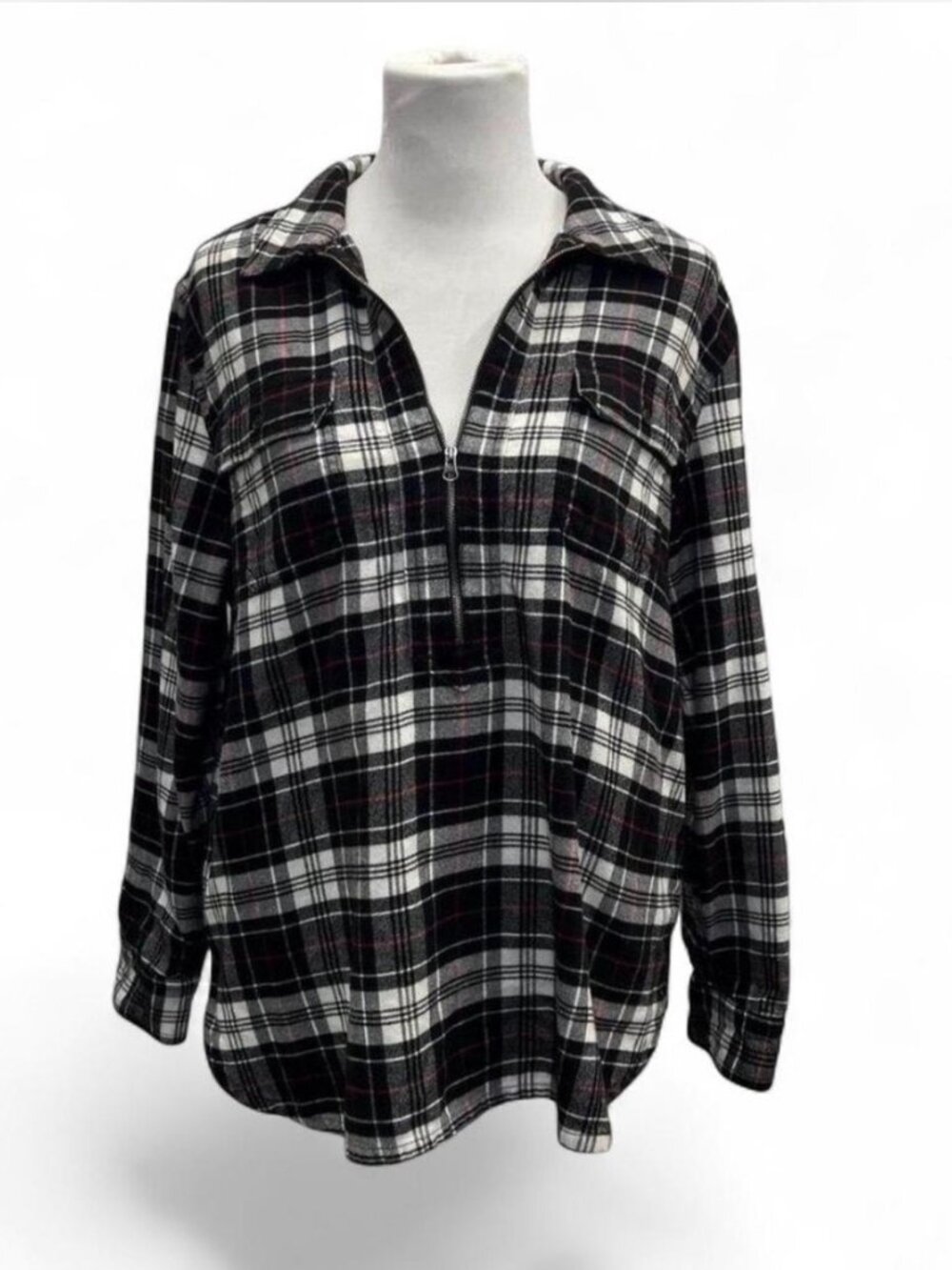 Chaps Plaid Half Zip Long Sleeve Flannel Shirt Top Black White Red Womens XL